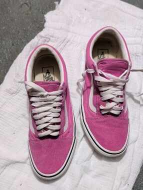 Vans Women's Pink Suede Old Skool Sneakers with White Stripe